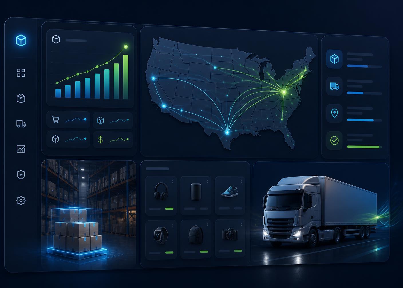 Dropar Wave BD warehouse dashboard showing US shipping routes, live order analytics, and same-day fulfillment